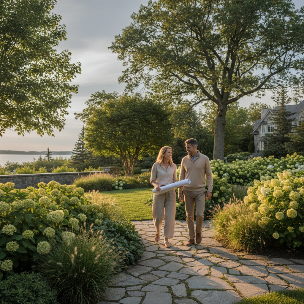 Couple walking through beautifully designed garden pathway at sunset, Retreat Landscape Design consultation