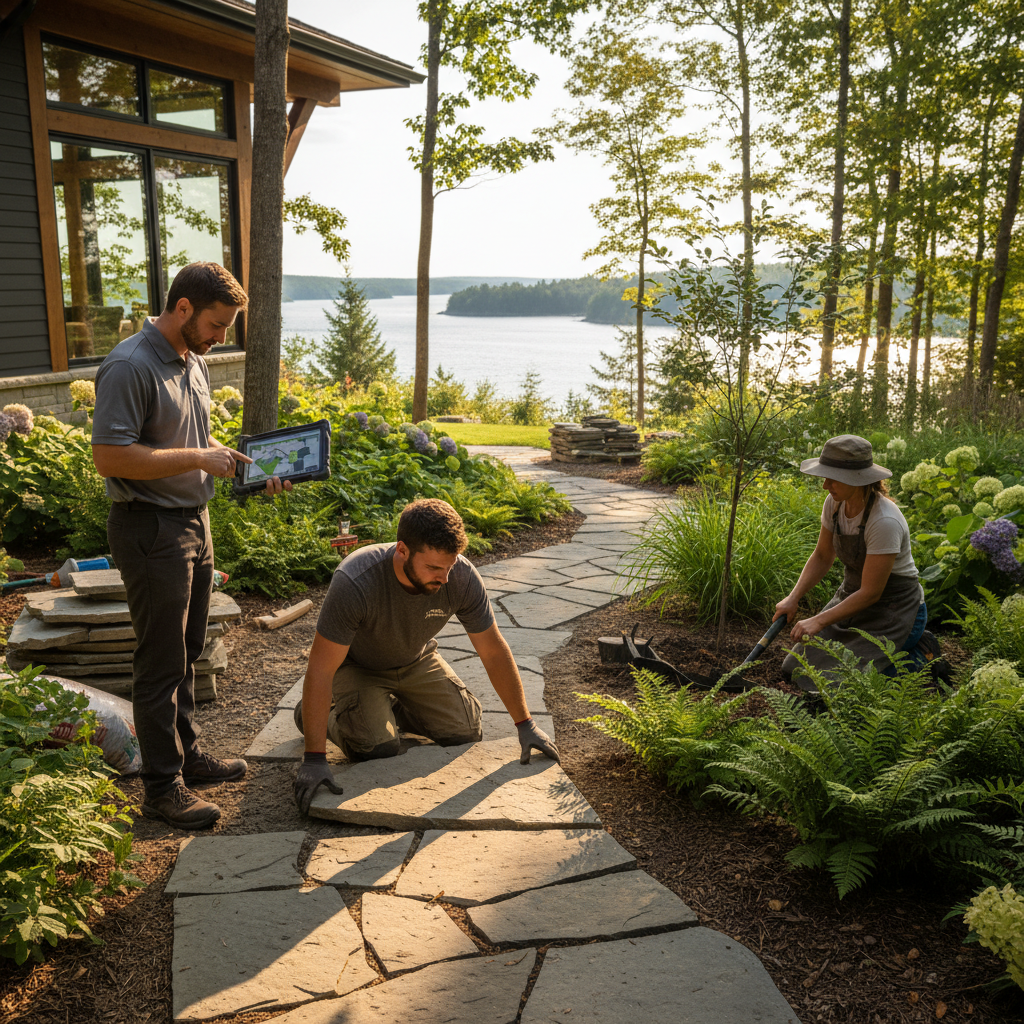 Retreat Landscape Design crew working at a waterfront property in Georgian Bay - the full team behind every project
