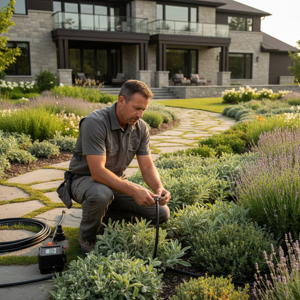 Retreat Landscape irrigation specialist working on property irrigation system