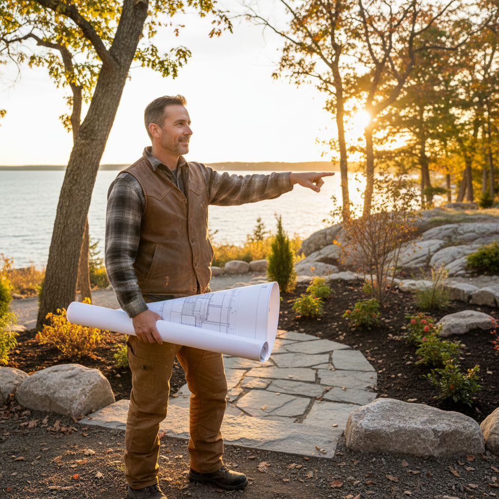 Patrick, Founder of Retreat Landscape Design, reviewing project plans at a stone pathway property in Collingwood