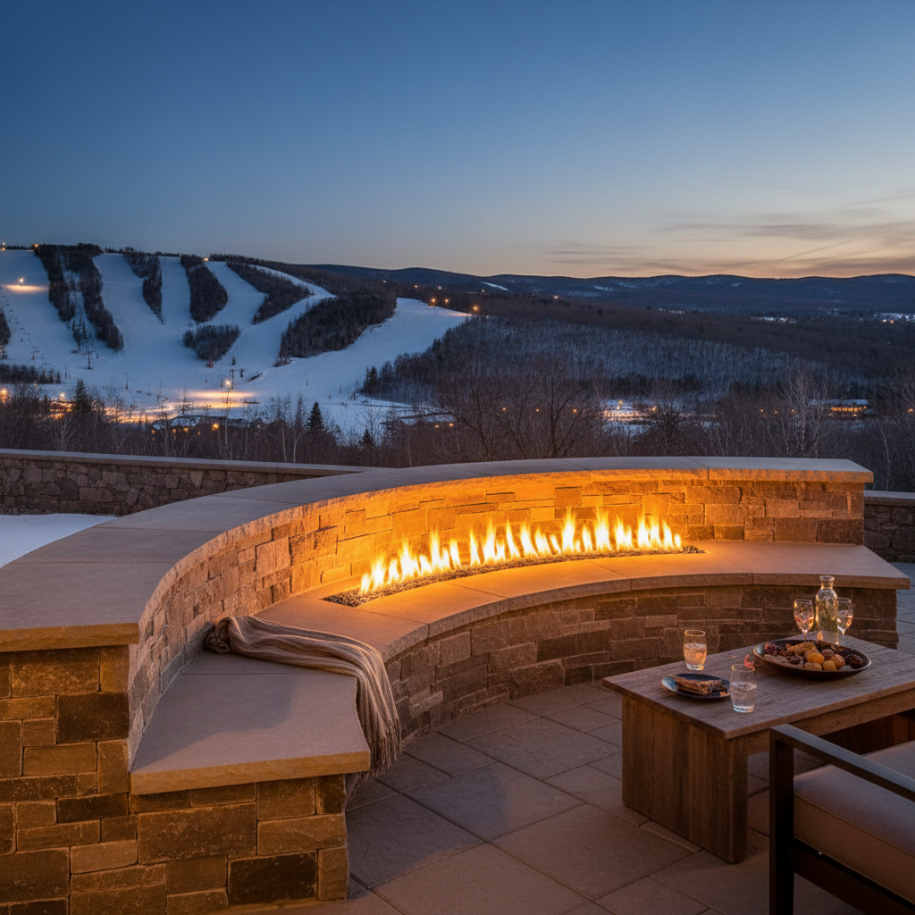 Upper terrace fire feature at dusk with lit flame and ski hill lights visible in the panoramic distance