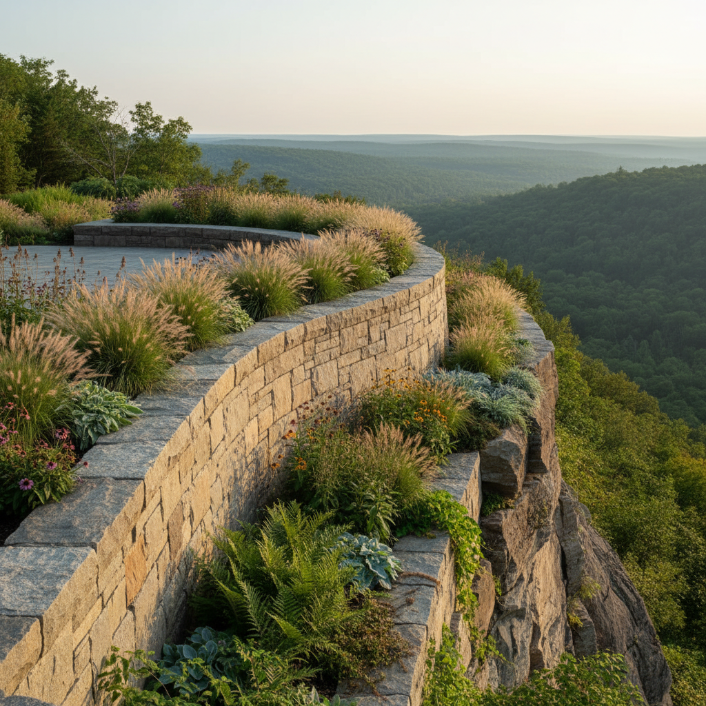 Mid-level garden terrace on the Blue Mountains escarpment with seasonal plantings softening the stone terracing