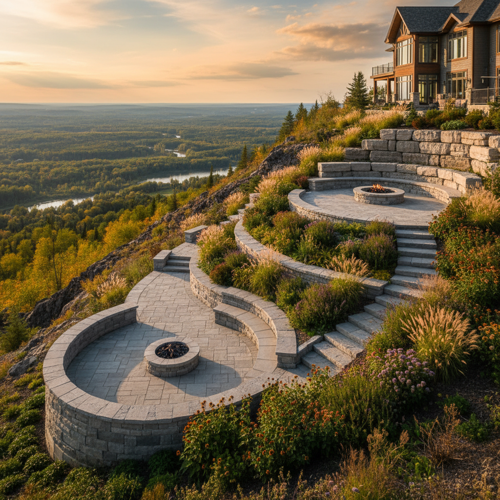 Wide view from the lower lookout showing all three curved stone terrace levels ascending toward the house on the Blue Mountains escarpment