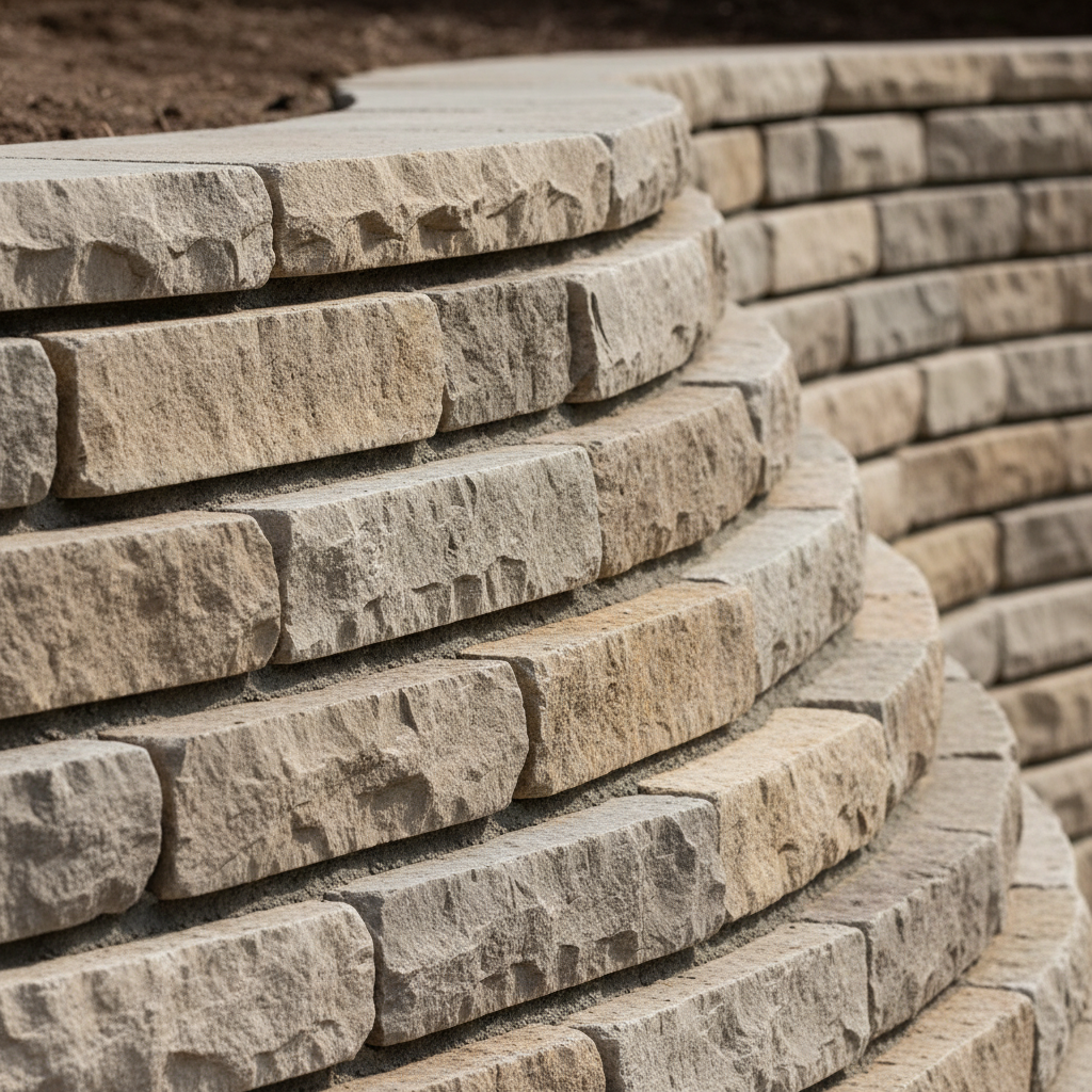 Close-up of curved stone masonry showing individually fitted stones and precise mortar joints following the wall radius