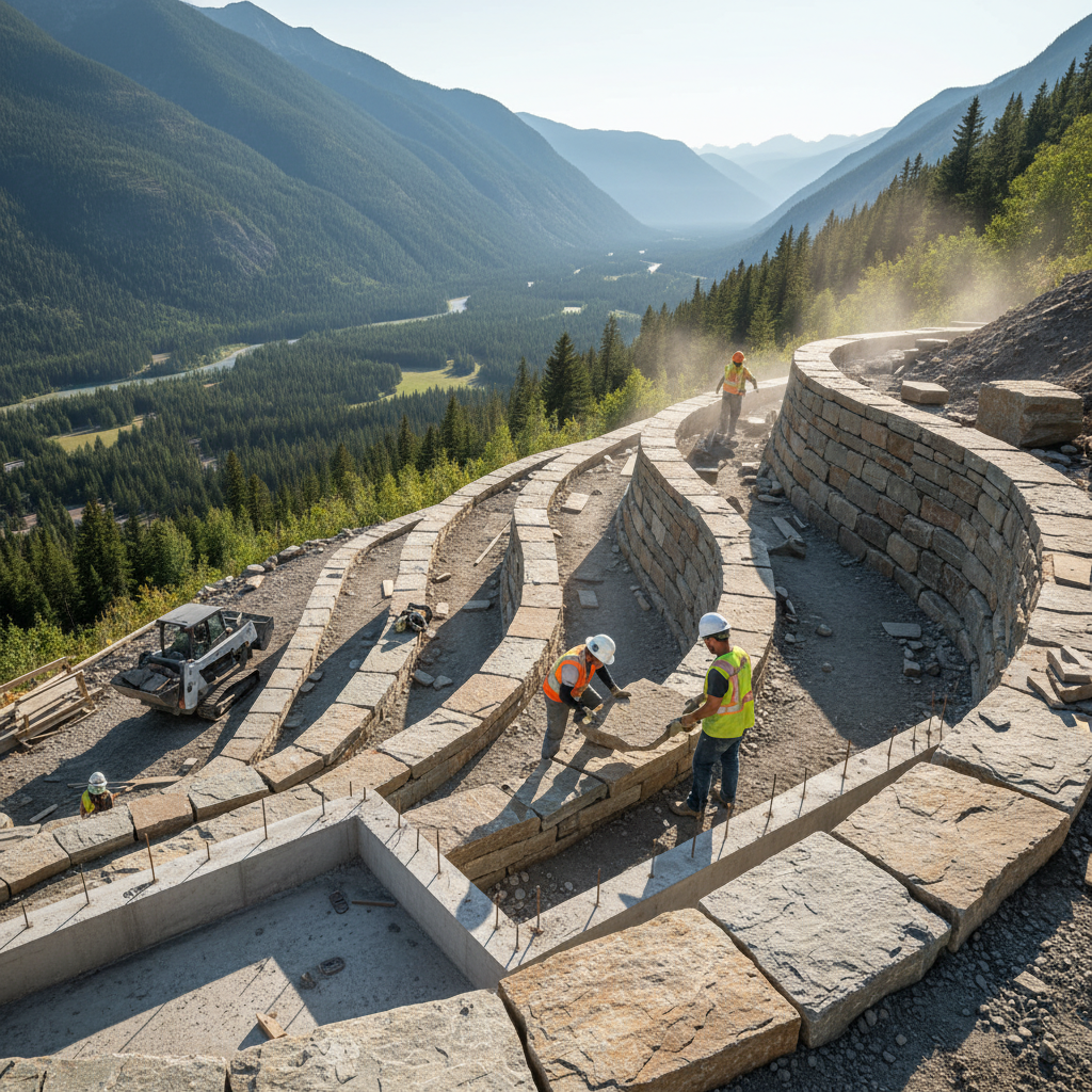 Curved stone retaining wall under construction on the Blue Mountains escarpment showing radius stonework and engineered footings