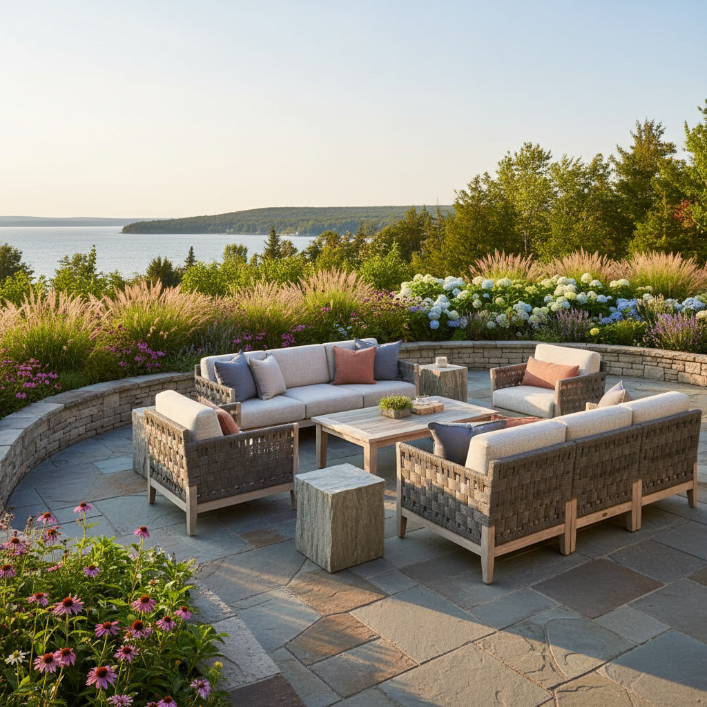 Finished landscape project in Blue Mountains with patio and mountain views at golden hour