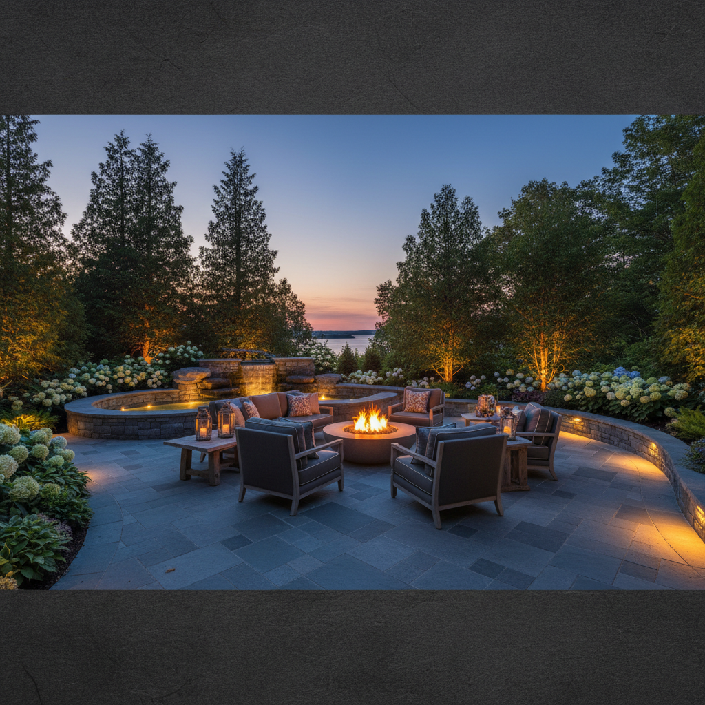 Pergola with glowing string lights over stone patio at twilight with Georgian Bay landscape in background