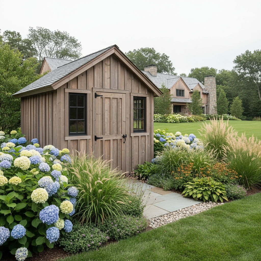 Custom cedar-clad garden shed integrated into an estate landscape with surrounding plantings