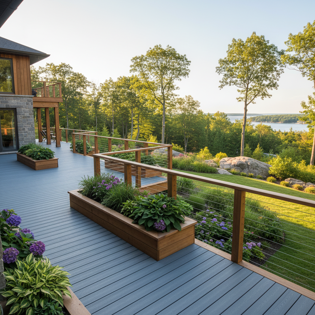 Multi-level composite deck with integrated railing and planters overlooking a Georgian Bay property