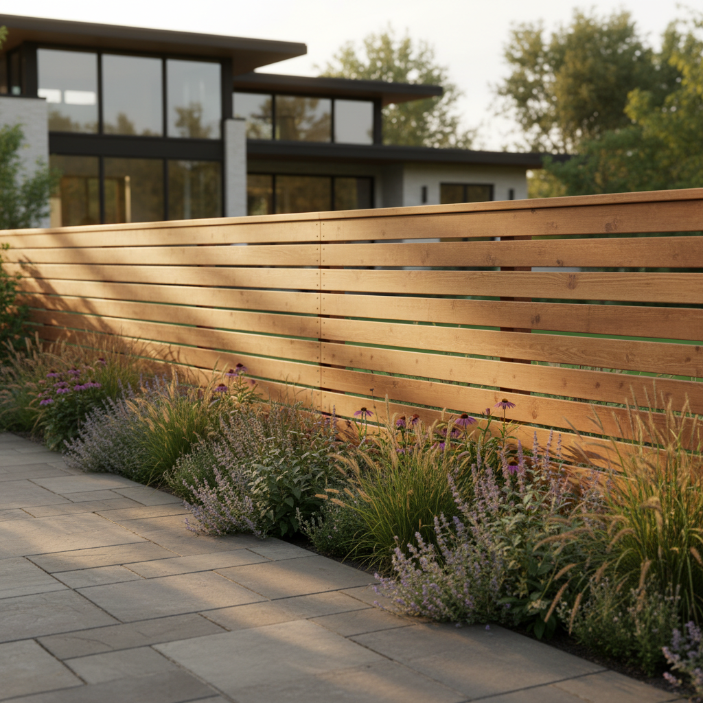 Custom horizontal slat privacy fence with garden plantings at the base on a modern estate property