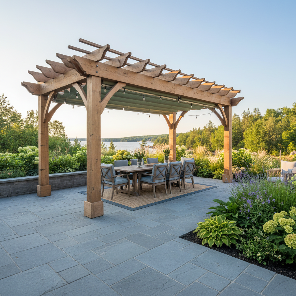 Custom cedar pergola with wisteria climbing posts over a stone patio with dappled shade