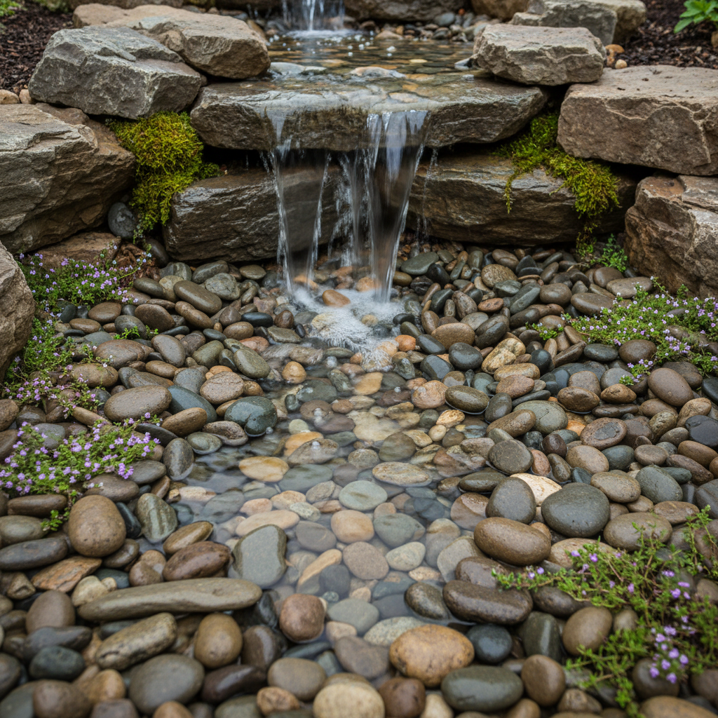 Base of the pondless waterfall showing water disappearing into concealed stone with creeping ground cover beginning between boulders