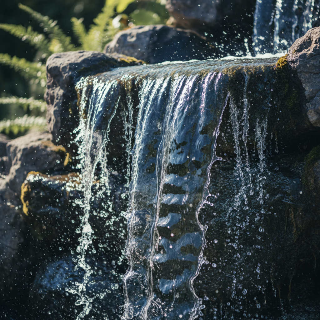 Close-up of water cascading over the main natural boulder face showing movement and light on wet stone