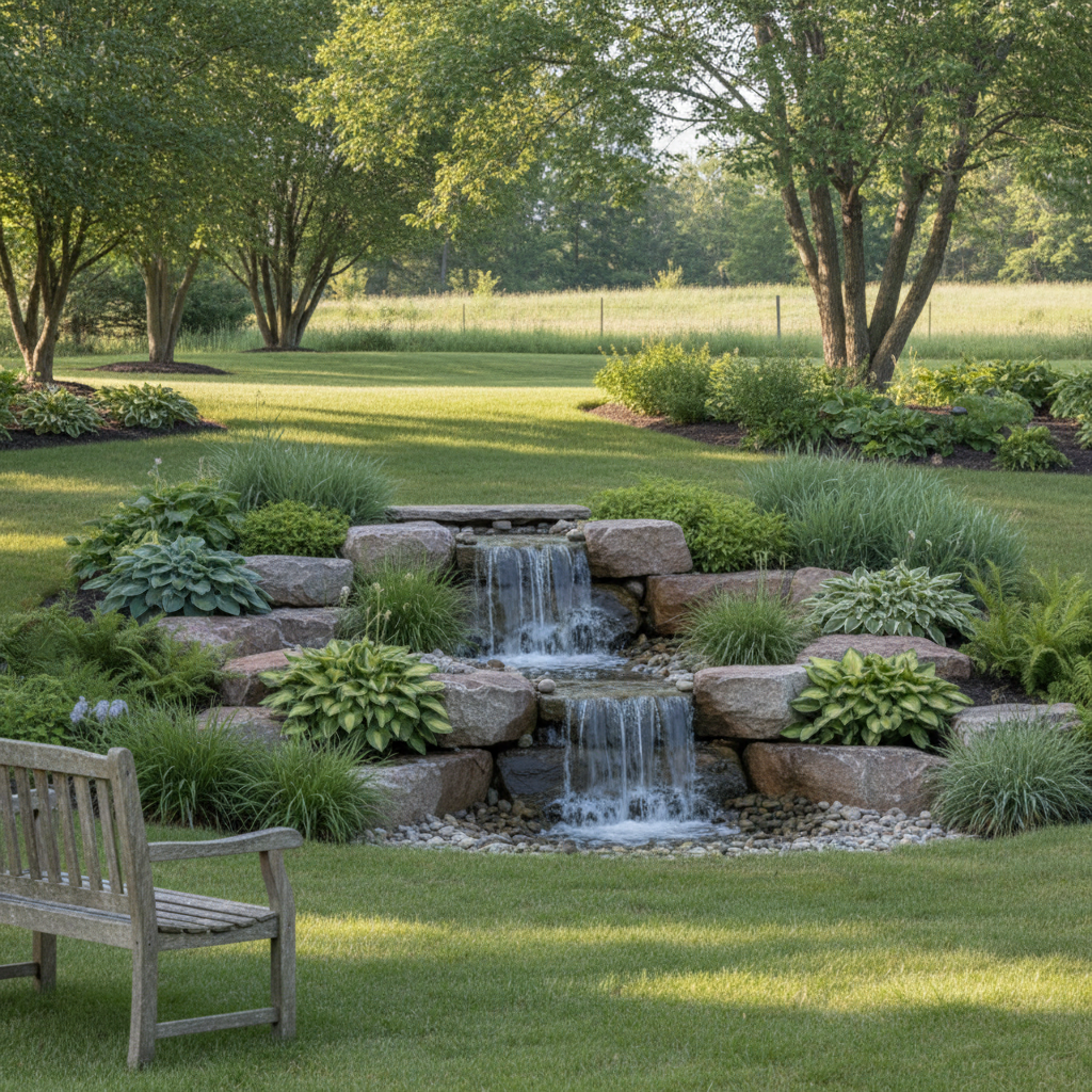 Pondless waterfall viewed from a garden seating position showing the feature as a designed focal point in the overall garden