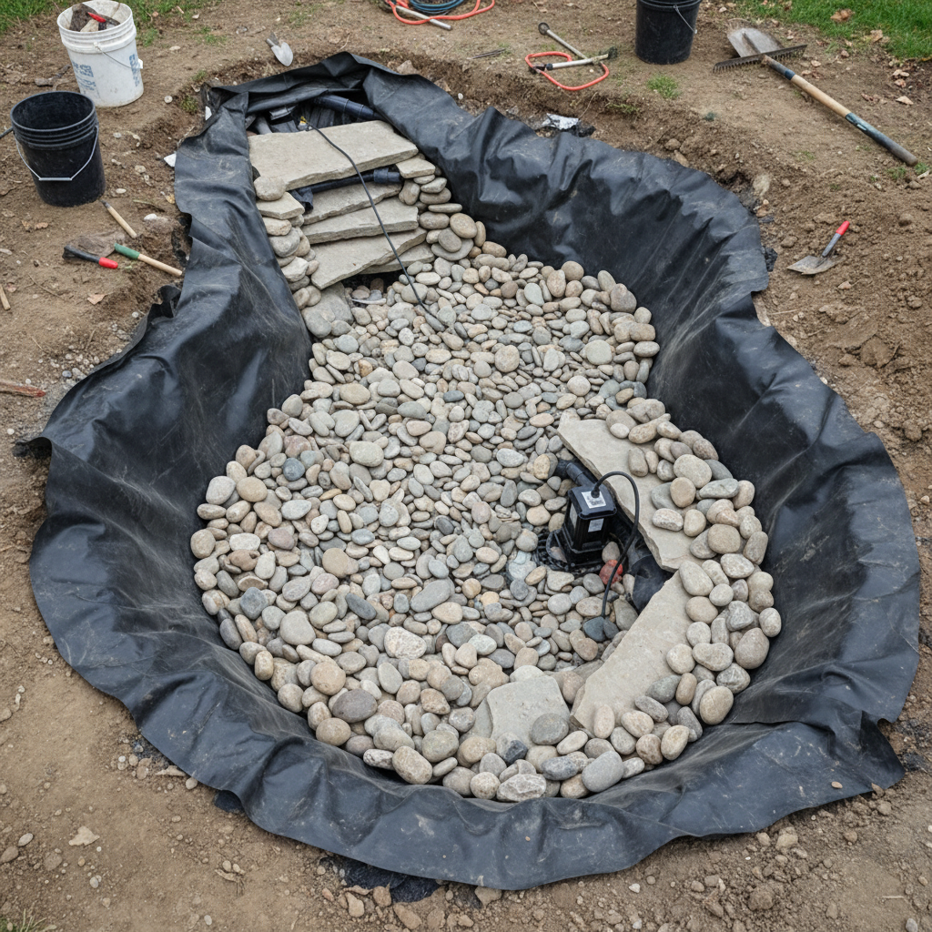 Pondless waterfall basin during installation showing EPDM liner, river rock fill, and recirculating pump before concealment