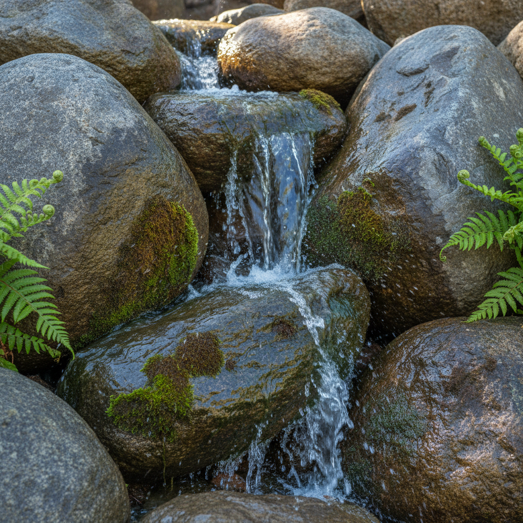 Hand-selected natural boulders with water cascading over varied stone surfaces showing flow and texture