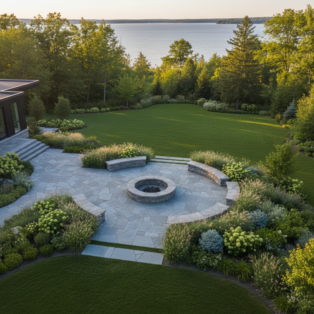 Aerial view of completed circular stone patio with fire pit and layered plantings overlooking Georgian Bay