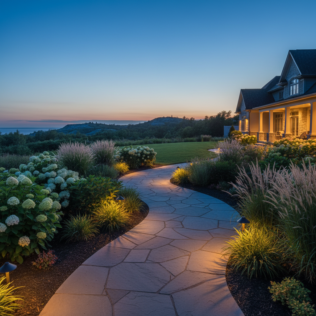 Landscape lighting illuminating a stone walkway and garden plantings at dusk on a residential property