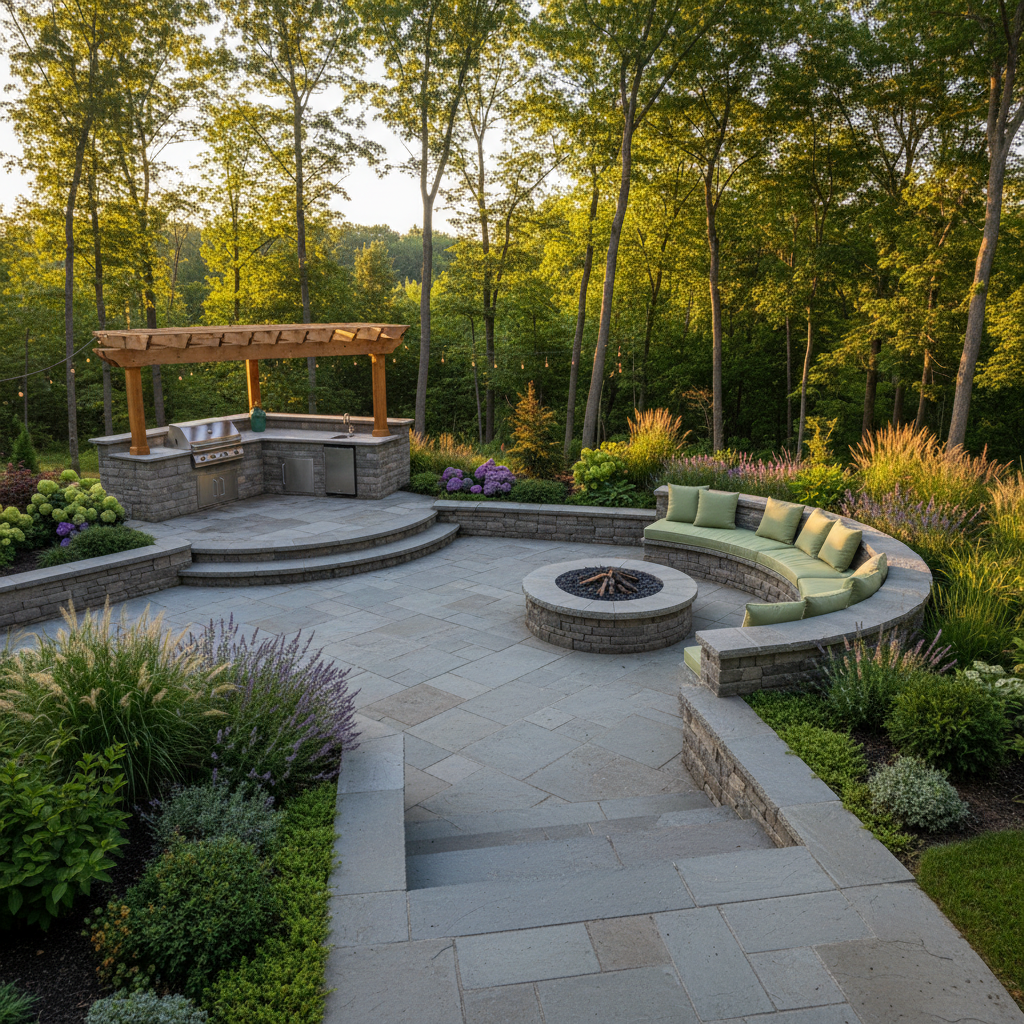 Completed natural stone patio with fire pit, expert craftsmanship, warm afternoon light on a Georgian Bay property