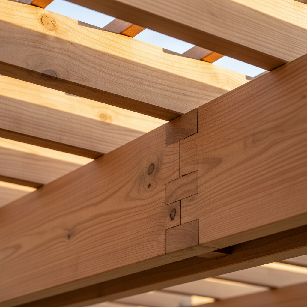 Close-up of cedar rafter and beam joinery showing wood grain, natural colour, and precision carpentry quality