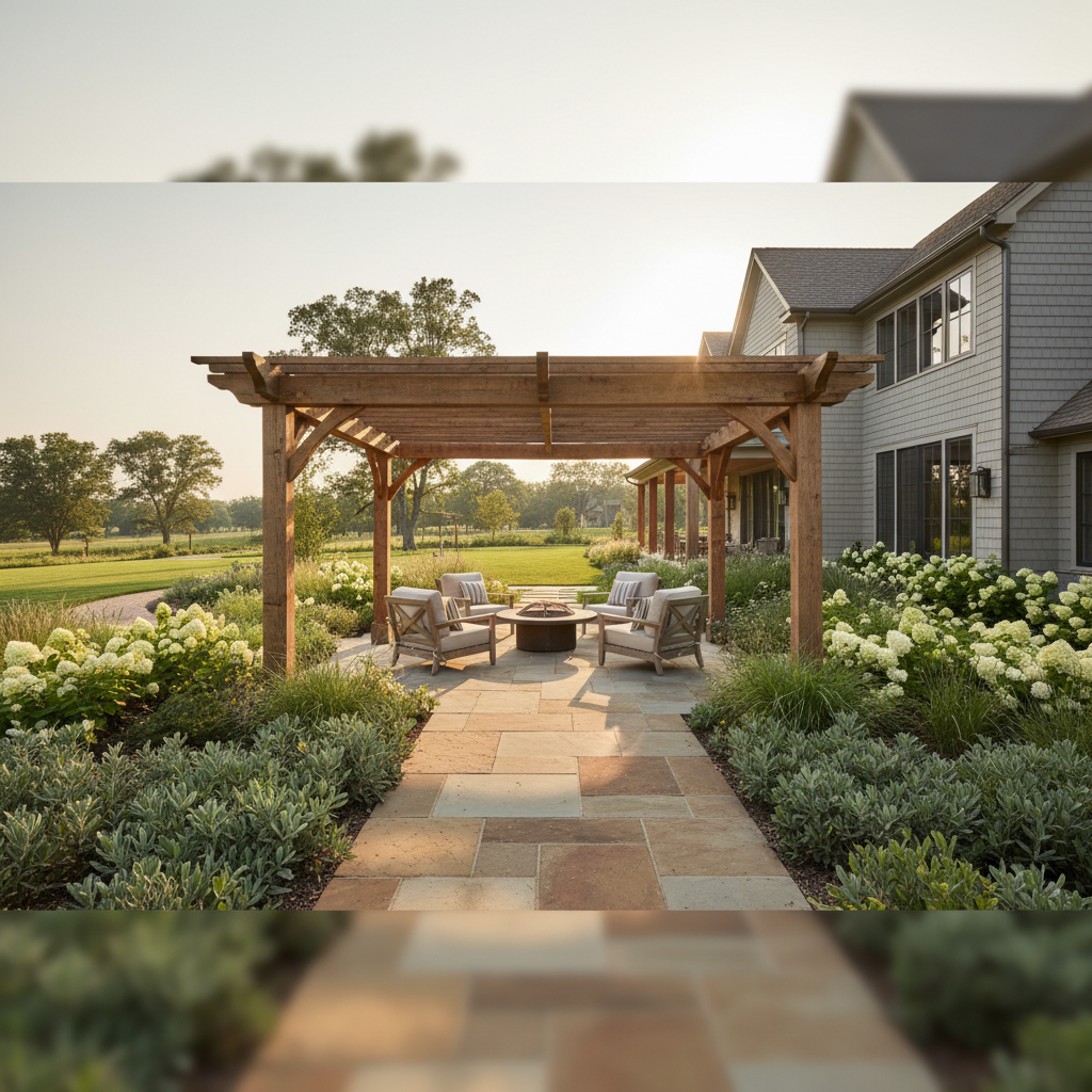 Wide view of the cedar pergola and stone patio showing its relationship to the house and surrounding garden