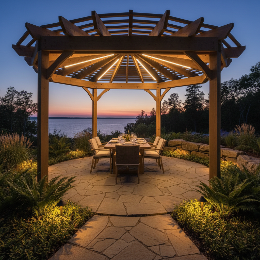 Georgian Bay cedar pergola and stone patio outdoor living space