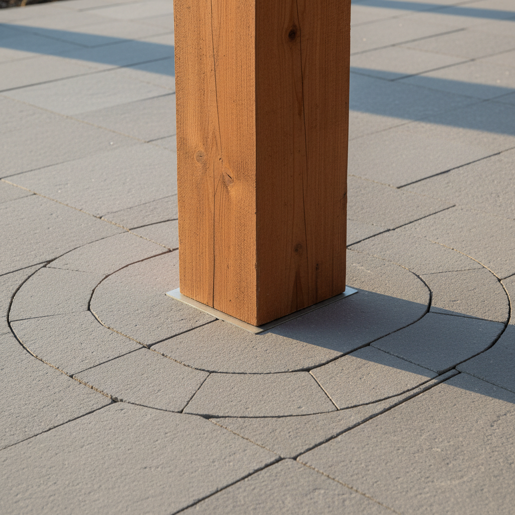 Detail showing pergola post meeting stone patio surface with concealed bracket and aligned stone grid pattern