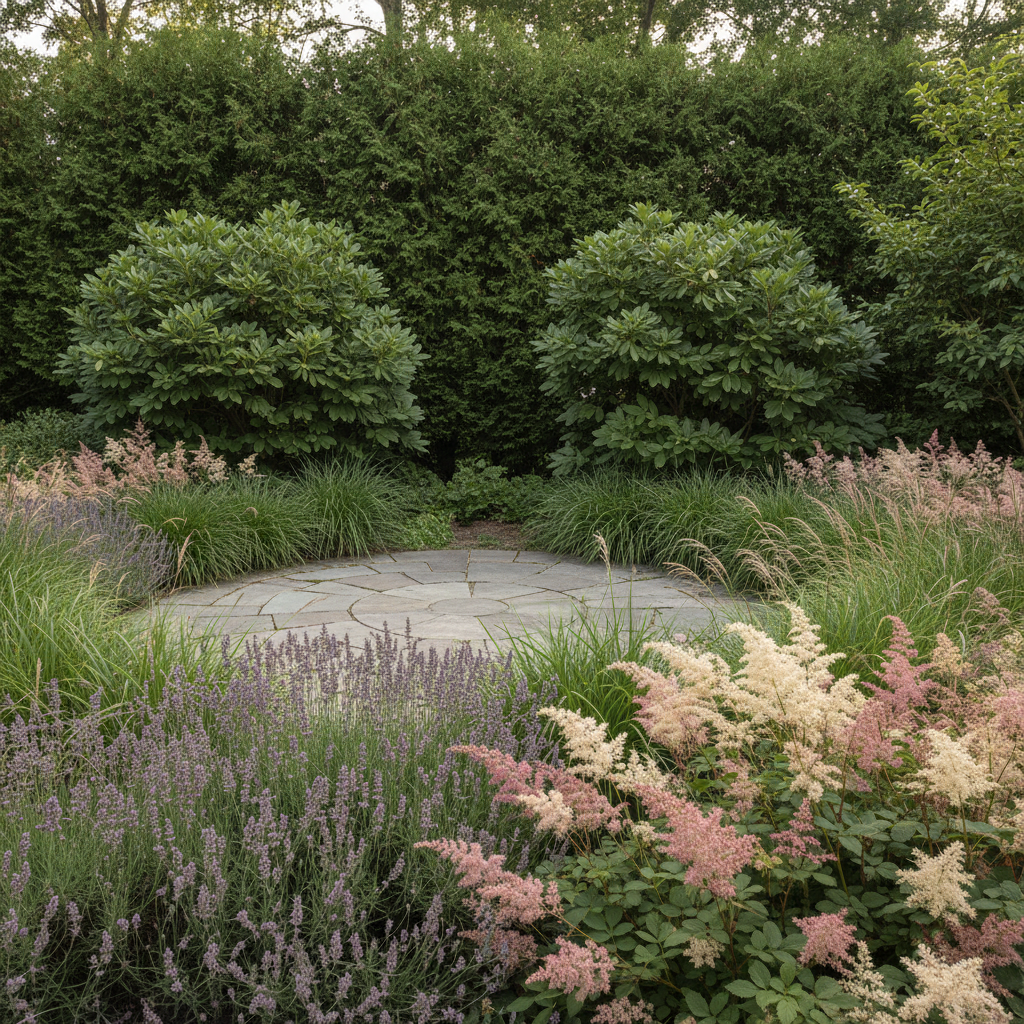 Mature planting beds surrounding the patio showing cedar screening, ornamental grasses, and perennial plantings creating enclosure