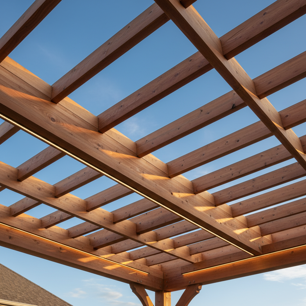 Cedar pergola viewed from below showing rafter spacing, wood grain, and concealed integrated lighting fixtures