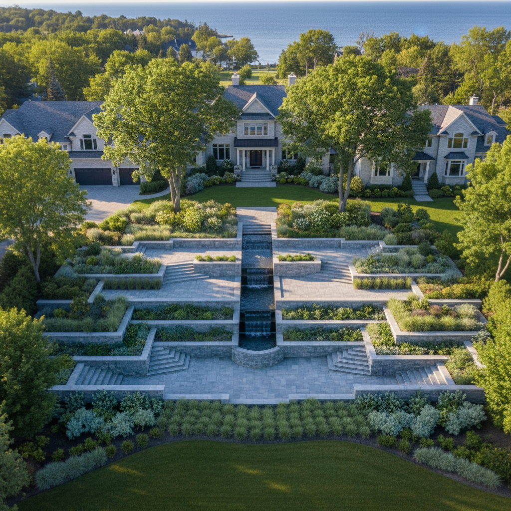 Premium Georgian Bay waterfront landscape with stone terrace and bay views at golden hour