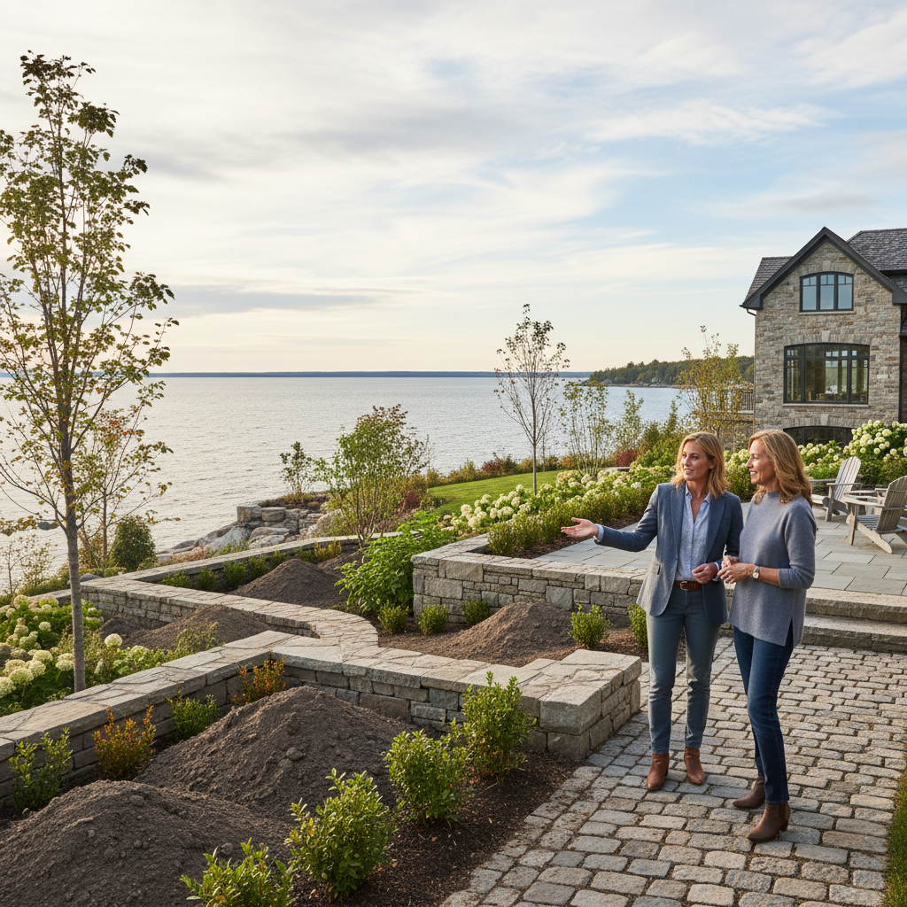 Retreat Landscape crew working on a large-scale waterfront property in the Georgian Bay corridor