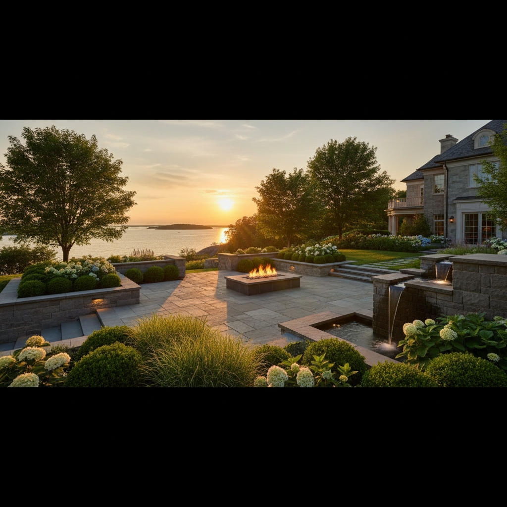 Stone patio at twilight with warm landscape lighting against a Georgian Bay evening sky