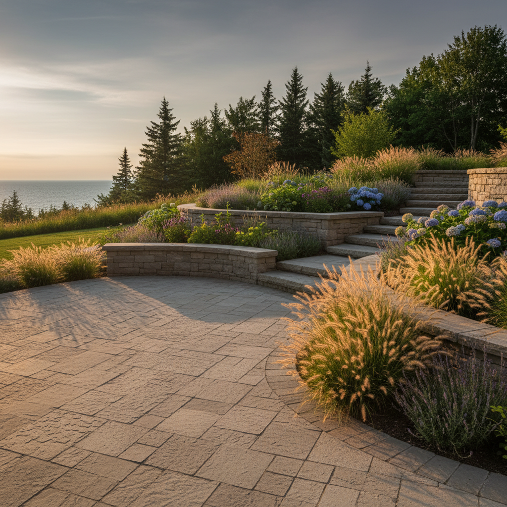 Completed luxury estate landscape in Georgian Bay — stone patio with retaining walls, mature plantings, and ornamental grasses in warm golden hour light, water view in the distance.