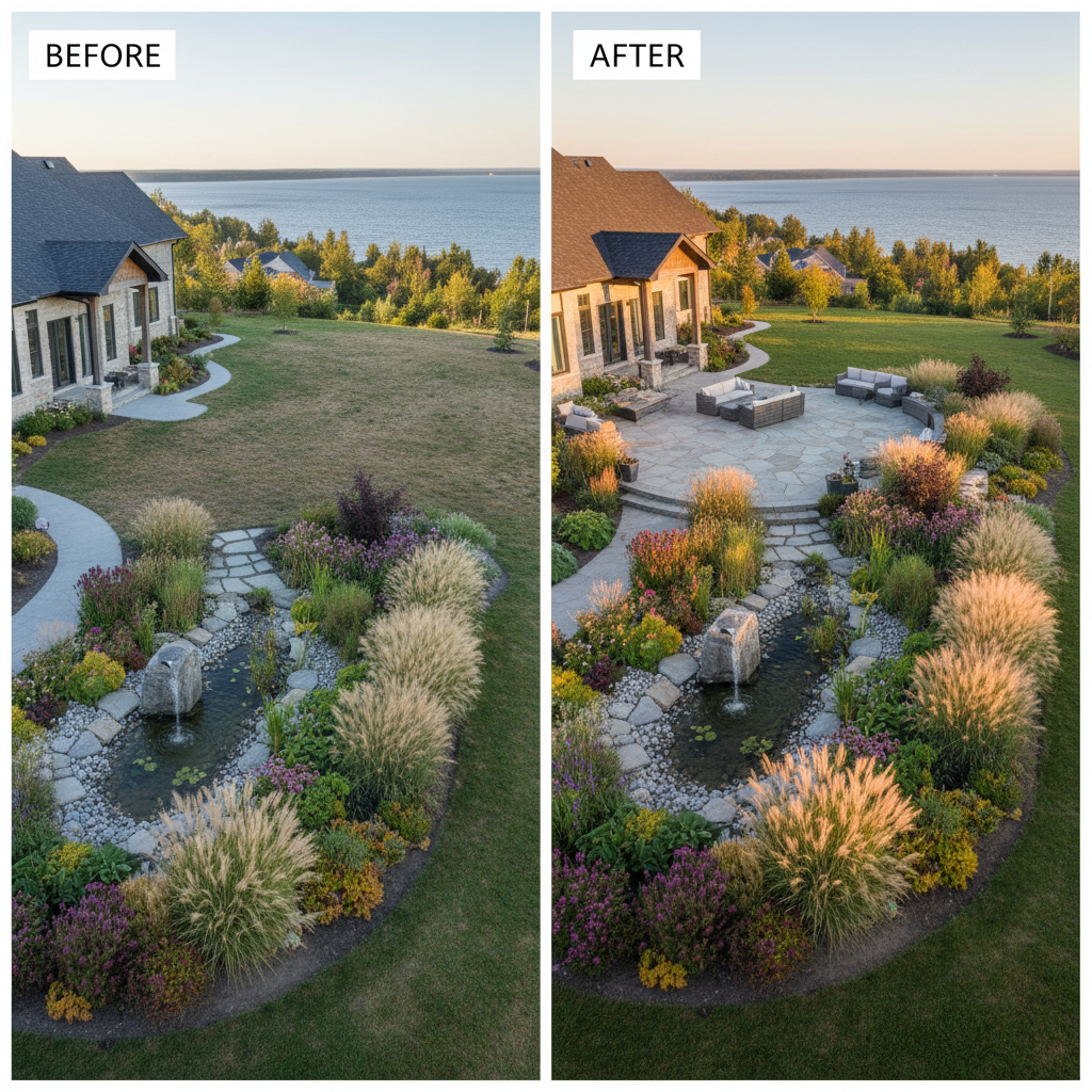 Full property transformation at Lora Bay — aerial view showing complete landscape overhaul with stone patio, mature plantings, and water feature in warm golden hour light.