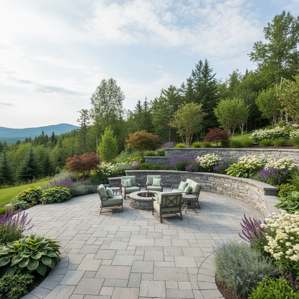 Premium residential landscape in Blue Mountains Craigleith — natural stone patio with curved retaining wall and mountain backdrop, lush perennial plantings in bright natural light.