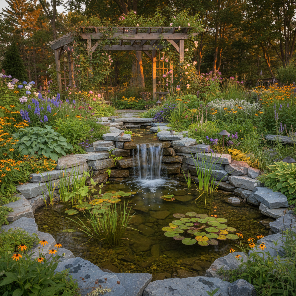 Collingwood residential garden featuring a naturalistic pond with stone waterfall, cedar pergola, and perennial beds in warm golden hour light.
