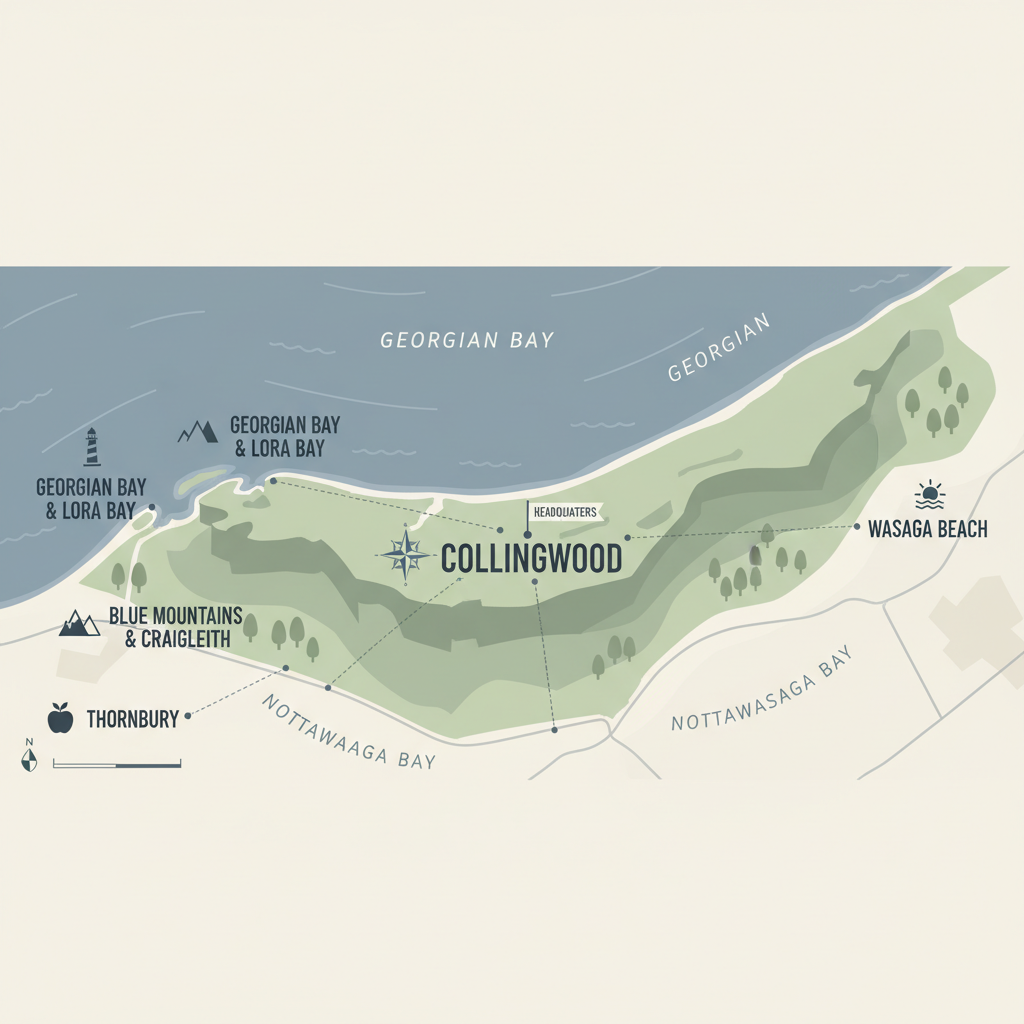 Stylized illustrated map of the Georgian Bay and Collingwood Ontario corridor, showing five service areas: Collingwood (headquarters), Blue Mountains and Craigleith, Thornbury, Wasaga Beach, and Georgian Bay and Lora Bay.