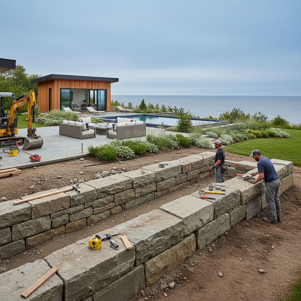 Landscape design-build project in progress — workers laying natural stone retaining walls with a finished outdoor living area and Georgian Bay water view in the background.