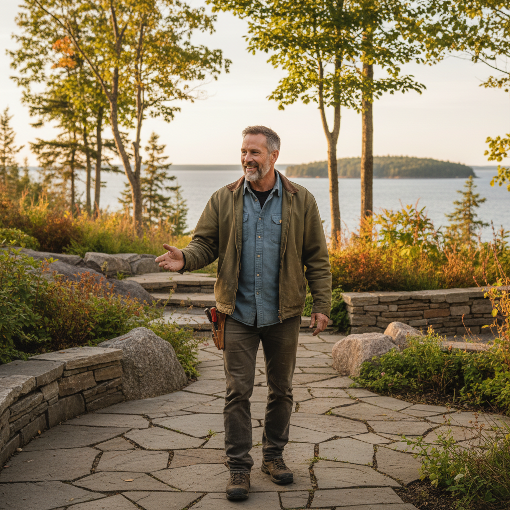Patrick, founder of Retreat Landscape Design, walking a client property on a stone path with Georgian Bay visible in the background — candid and authentic.