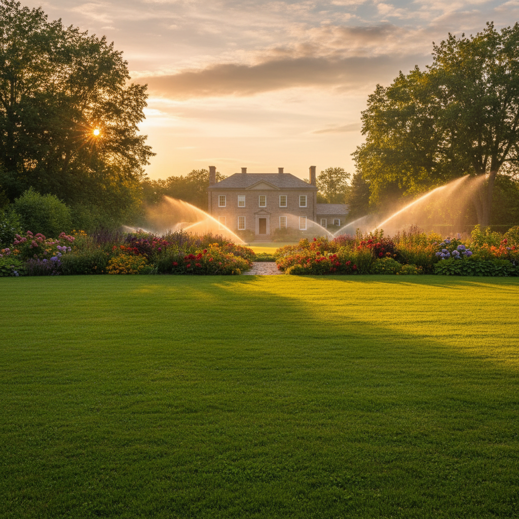 Well-maintained estate lawn and garden at golden hour with fine irrigation mist and mature thriving landscape