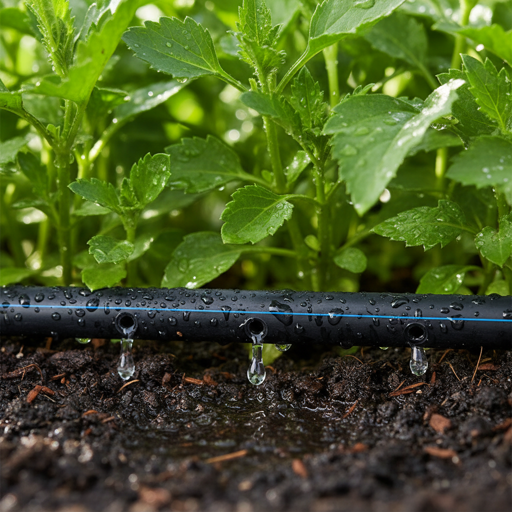 Close-up of drip irrigation line delivering water to the root zone of perennial plantings