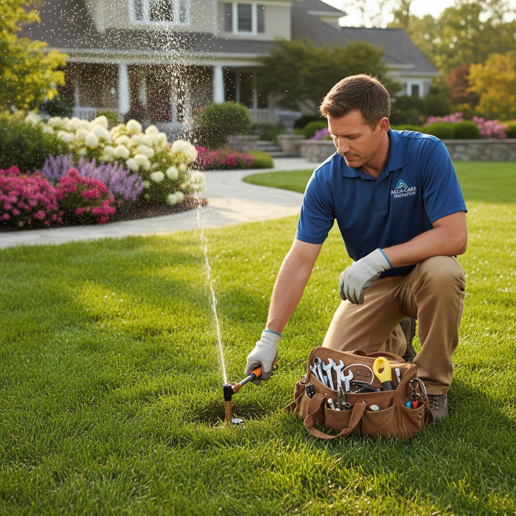 Irrigation technician performing spring startup maintenance on a residential system