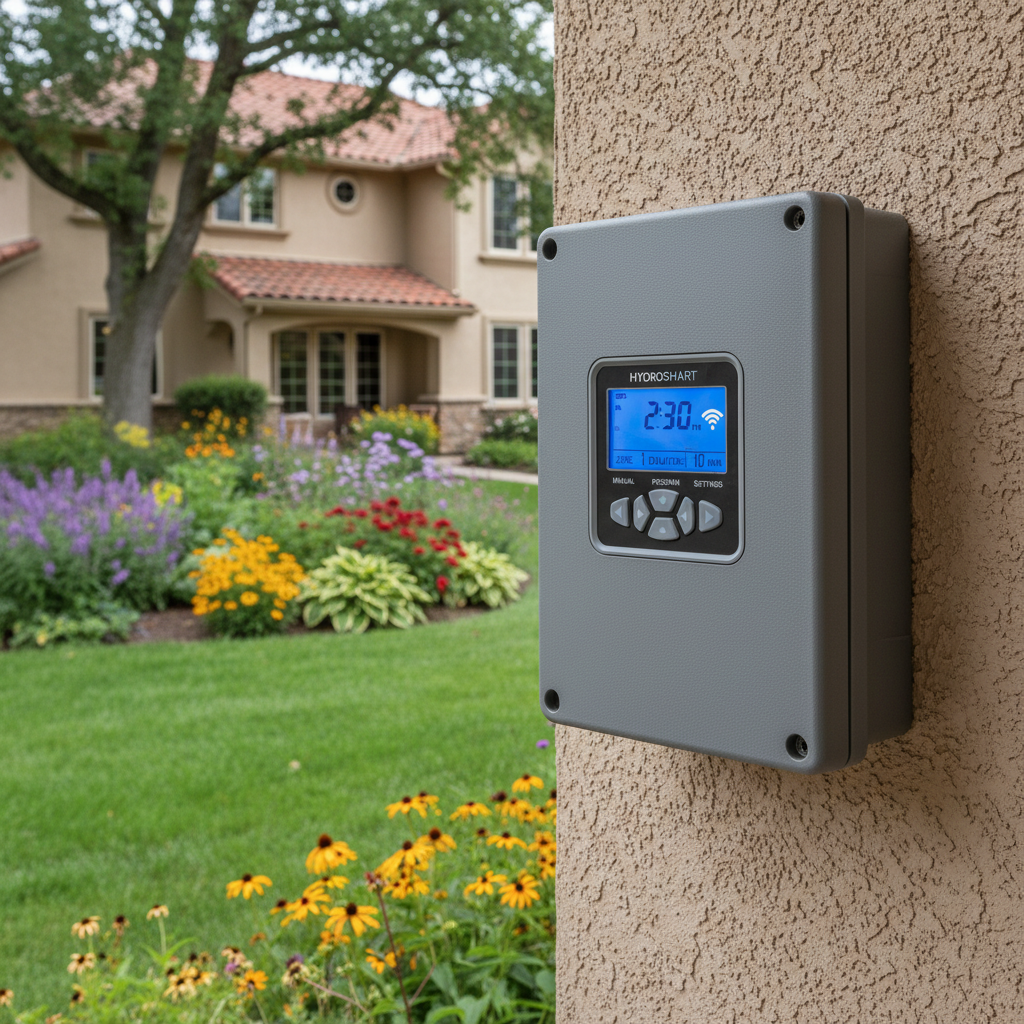 Smart irrigation controller with Wi-Fi connectivity mounted in a landscape setting