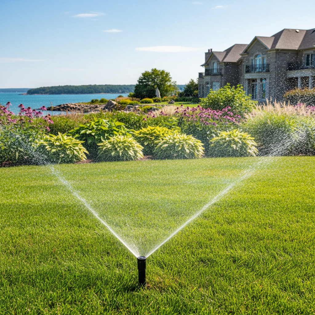 Pop-up sprinkler head watering an estate lawn with fine mist against a mature landscape