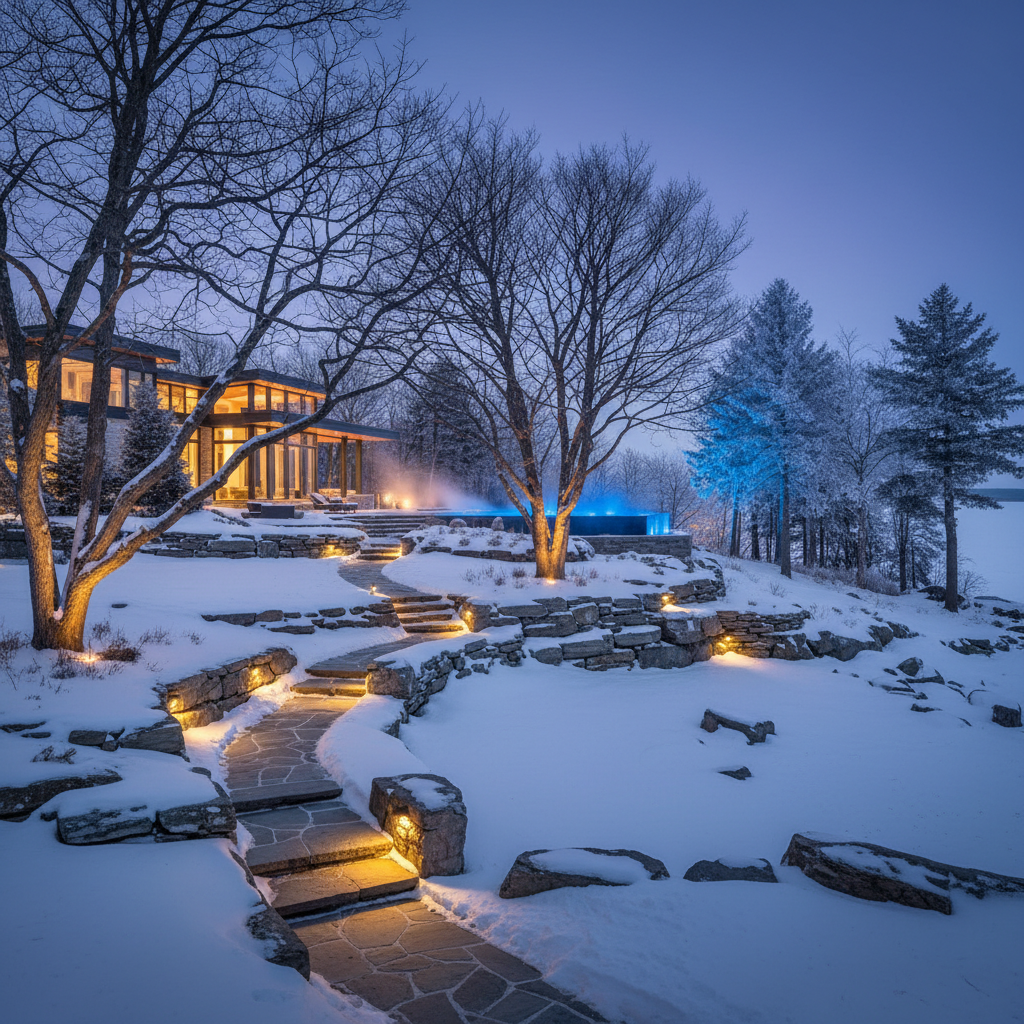 Georgian Bay property in winter at dusk with landscape lighting on snow-covered stone and bare tree branches