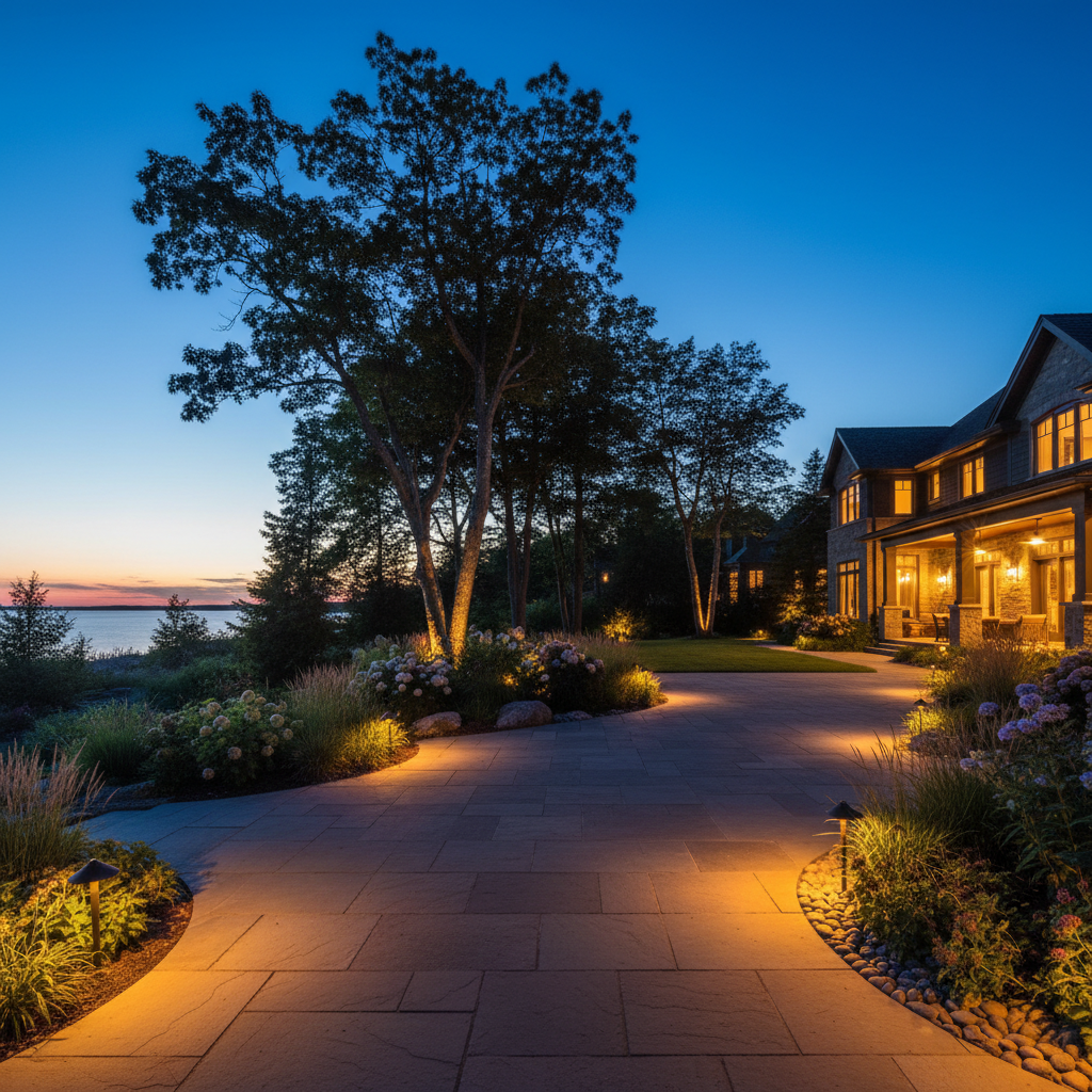 Dramatically lit Georgian Bay property at dusk with warm low-voltage landscape lighting and blue-hour sky