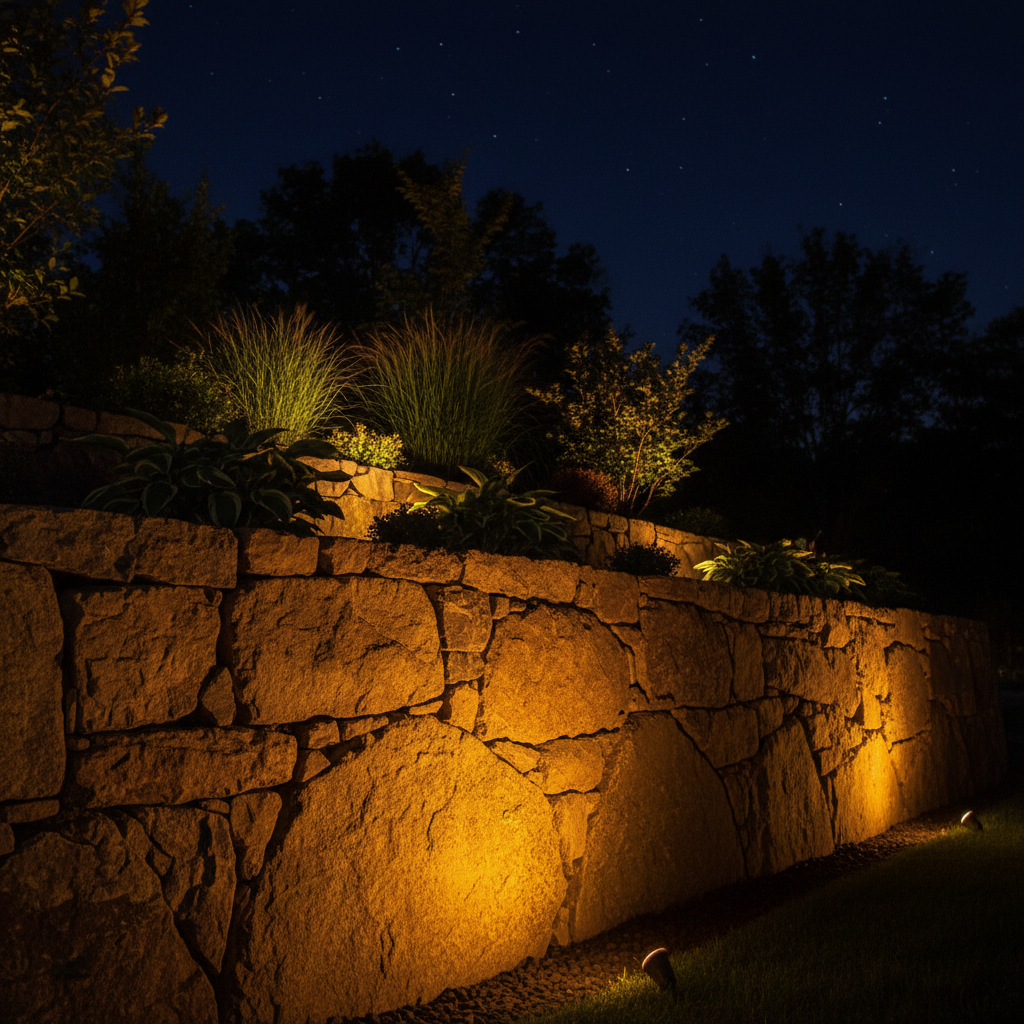 Stone retaining wall illuminated by wall-wash uplighting at night, showing texture and masonry detail