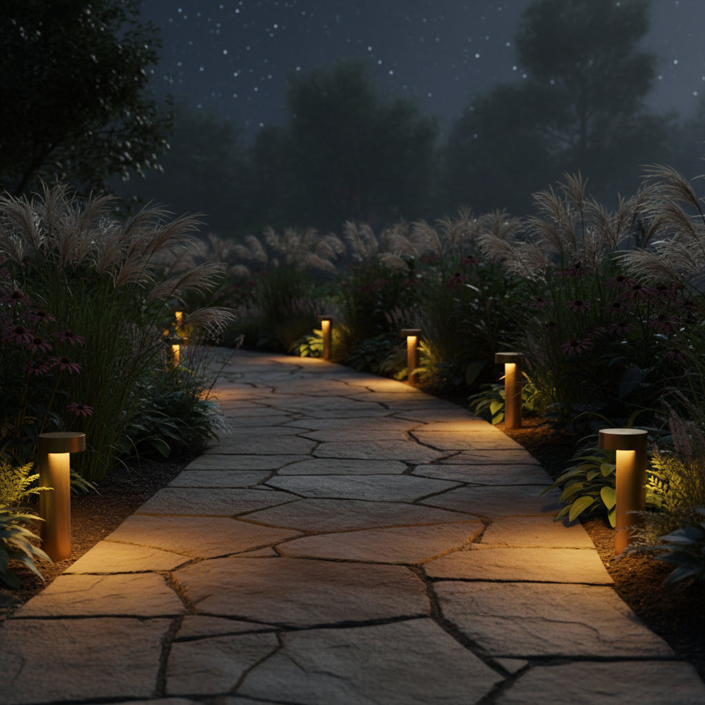 Low-profile path lights illuminating a natural stone garden walkway at night