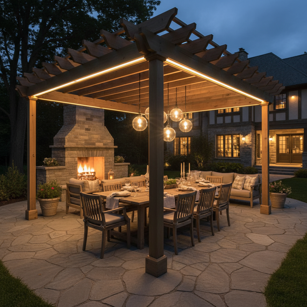 Cedar pergola with integrated lighting over a stone patio at night, warm dining atmosphere