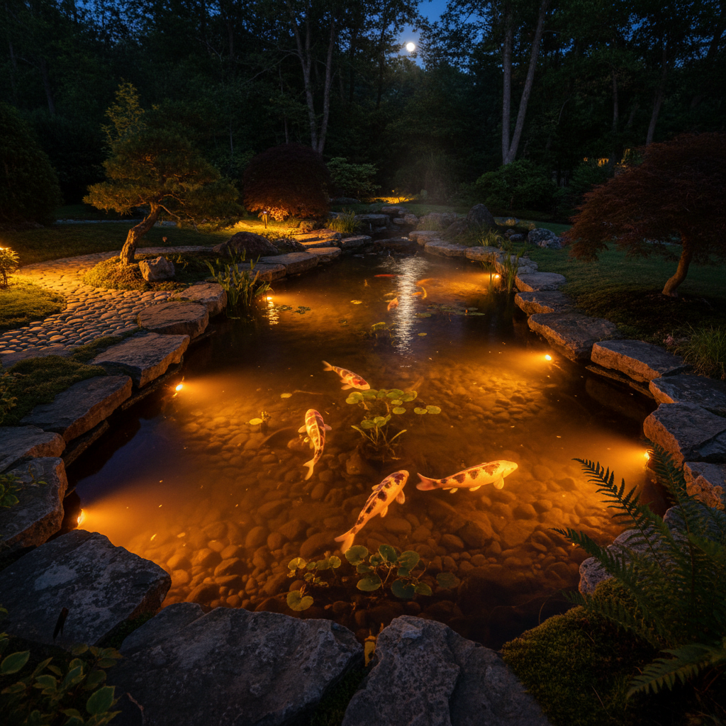 Illuminated koi pond at night with underwater lights and warm stone edge glow